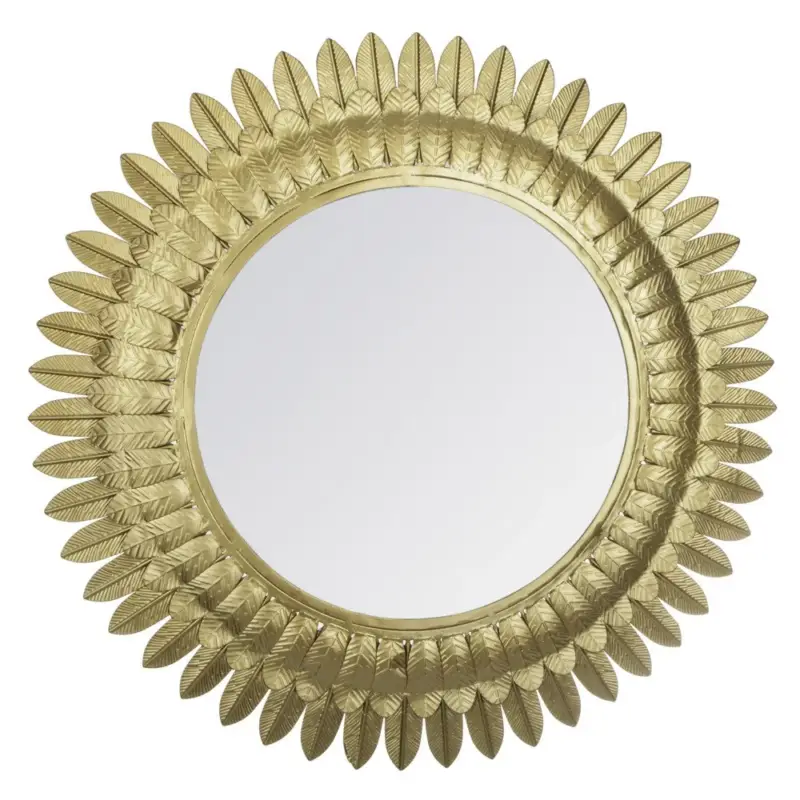 Tani Lustro na ścianę w ramie ze złotych liści, lustro ozdobne, lustro okrągłe, lustro glamour, lustra dekoracyjne, lustro wiszące - Ø 70 cm