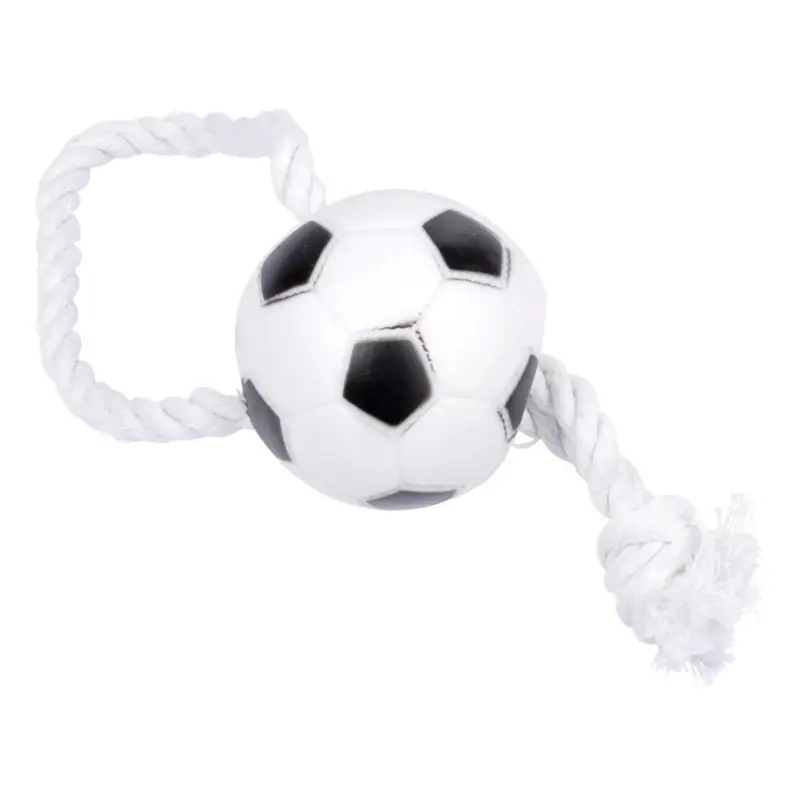 Bezpieczne zakupy Zabawka dla psa ze sznurkiem PIŁKA FOOTBALL, piszcząca, 26 cm, biała