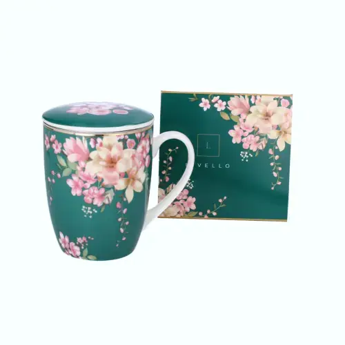 Nowy LIVELLO KUBEK PORCELANOWY 350ML DO HERBATY ZAPARZACZ KWIAT WIŚNI MORSKI