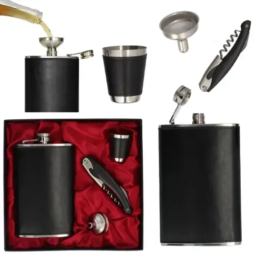 Zestaw piersiówka czarna Livello etui kieliszek korkociąg lejek 250ml stal Premium