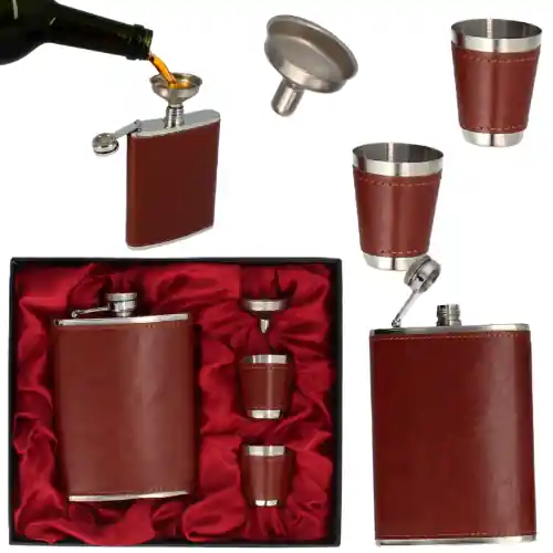 Promocja Zestaw Livello piersiówka brązowa metalowa etui 2 kieliszki lejek 230ml