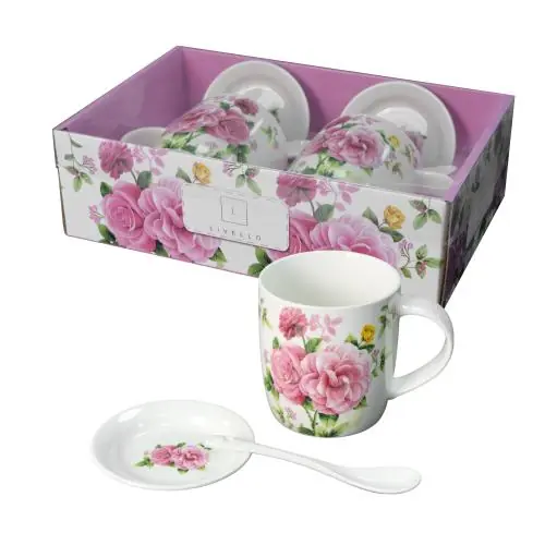 Promocja Zestaw 2 x kubek porcelanowy prezent 340 ml Livello spodek łyżeczka piwonie
