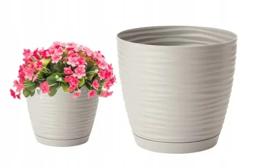 Doniczka z podstawką okrągła jasnoszara 12,7x11,8cm plastikowa Nowość