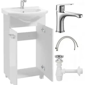 Szafka łazienkowa z umywalką na nóżkach 85x50 stojąca biała Mila z baterią chrom wydłużoną Tylko do końca tygodnia