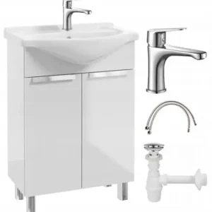 Rabat Szafka łazienkowa z umywalką na nóżkach 85x60 stojąca biała Lily z baterią chrom wydłużoną