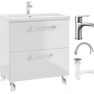 Oferta limitowana Zestaw Szafka łazienkowa z umywalką baterią i syfonem 80cm Stojąca biały połysk Cassandra