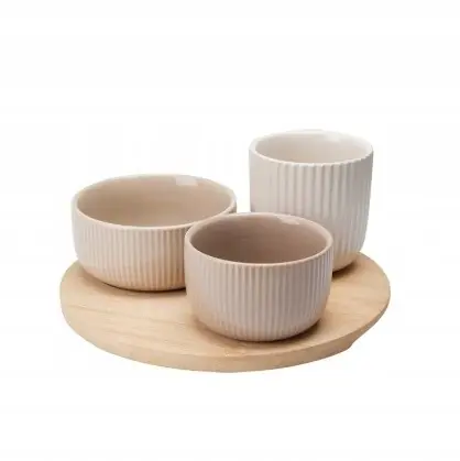 Bestseller Zestaw 3 miseczek ceramicznych do serwowania z okrągłą tacą bambusową