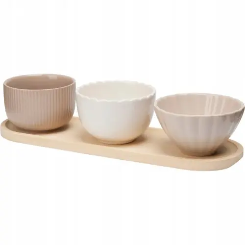 Łatwy zwrot Zestaw 3 miseczek ceramicznych na drewnianej desce do serwowania 28,5x9cm
