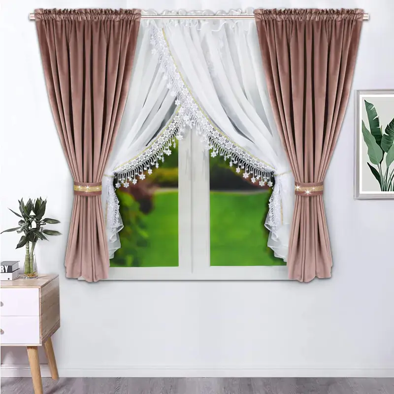 Tani Komplet welurowych zasłon różowych z firaną na taśmie 400x160cm LUIS