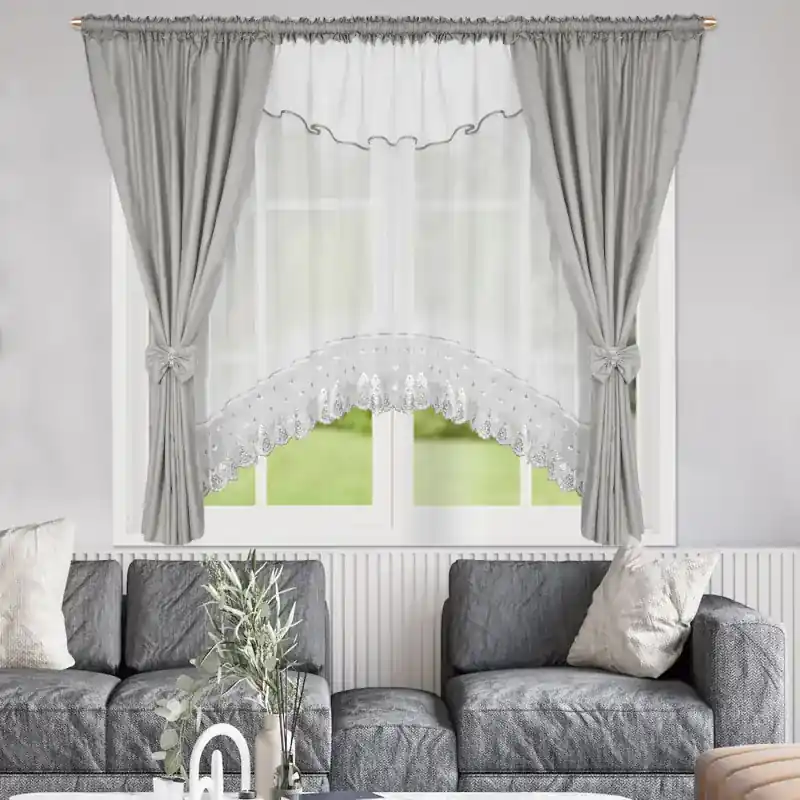 Komplet szarych zasłon z firaną zdobioną markizetą 400x160cm FIRRO Niska cena