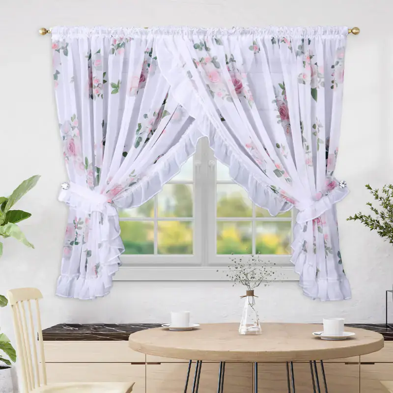 Firana z etaminy w kwiaty udekorowana falbanką na taśmie 400x160cm BROMILIA Zamów teraz