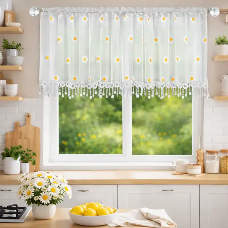 Firana markizeta zdobiona biało żółtymi kwiatami i gipiurą na taśmie 200x95cm LISANNA Bestseller