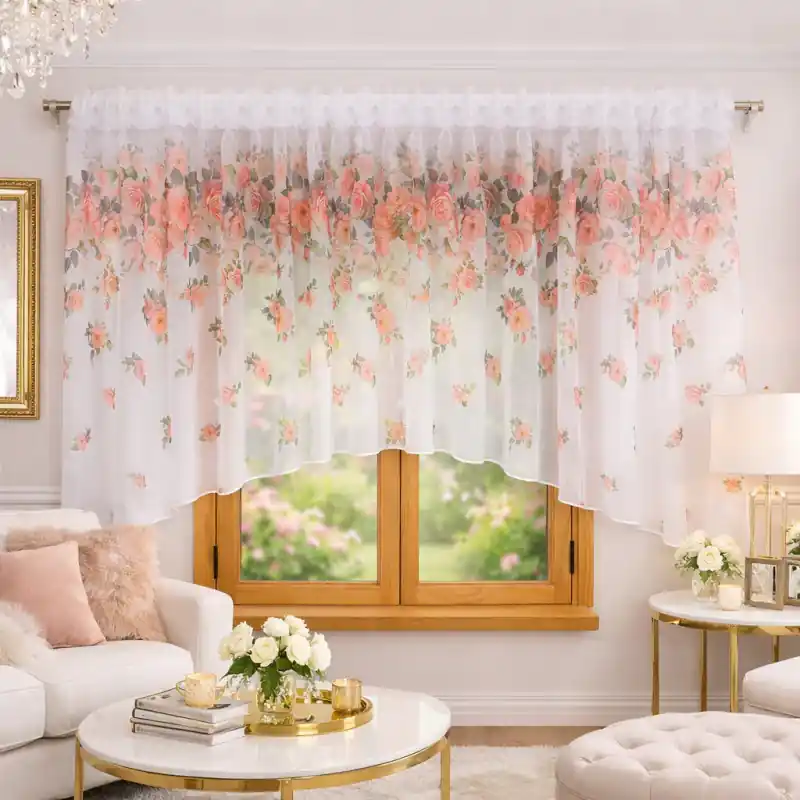 Darmowa dostawa Firana z etaminy zdobiona różowymi kwiatami na taśmie WAVE 400x150cm AZALEA