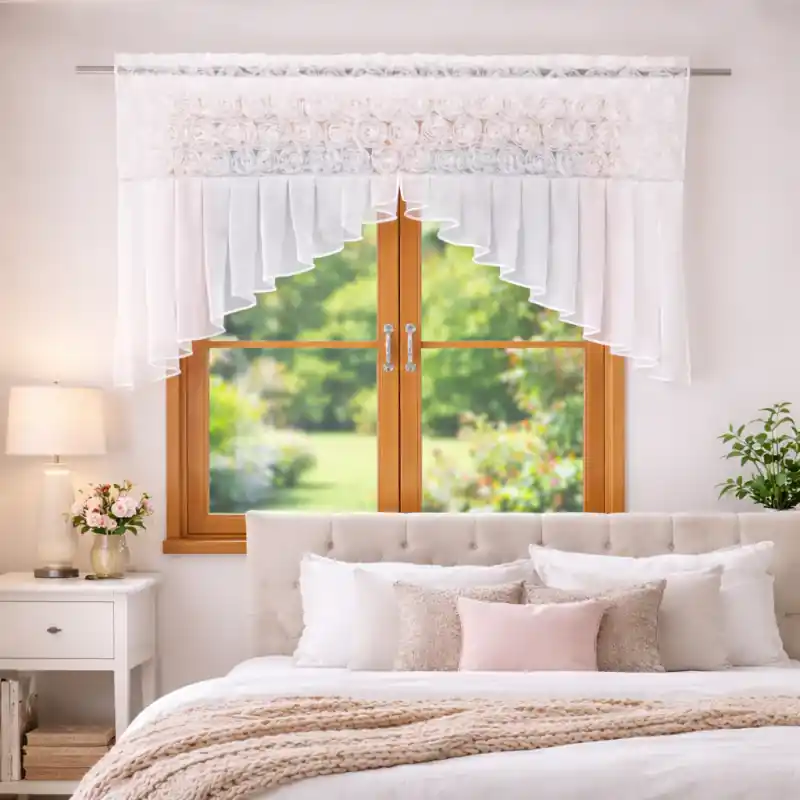 Obniżka ceny Firana z woalu udekorowana różami 3D i cyrkoniami na taśmie 200x125cm SERIVANA