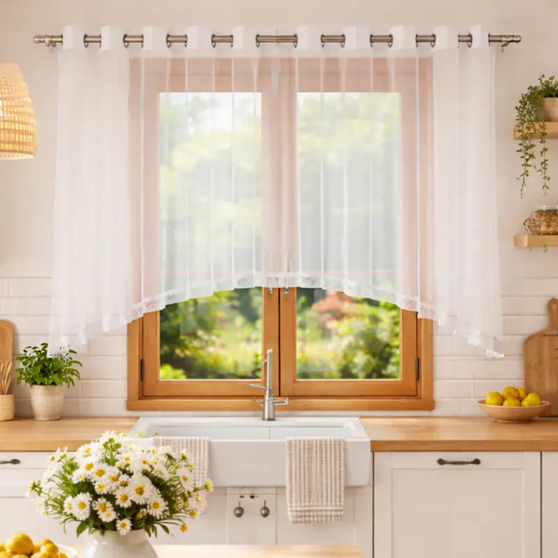Sprawdź teraz Firana biała z woalu uszyta w łuk zdobiona cyrkoniami na przelotkach 200x140cm LUXIRA