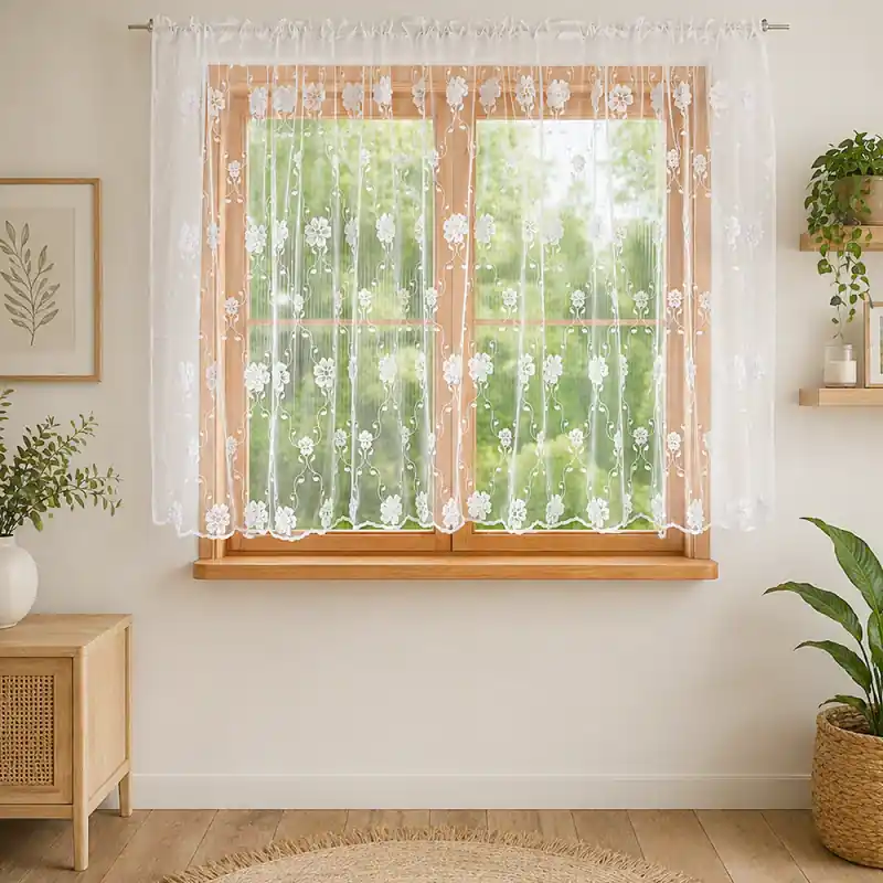 Firana markizeta zdobiona kwiatami 3D z perełkami na taśmie 300x150cm ELORETA Rabat