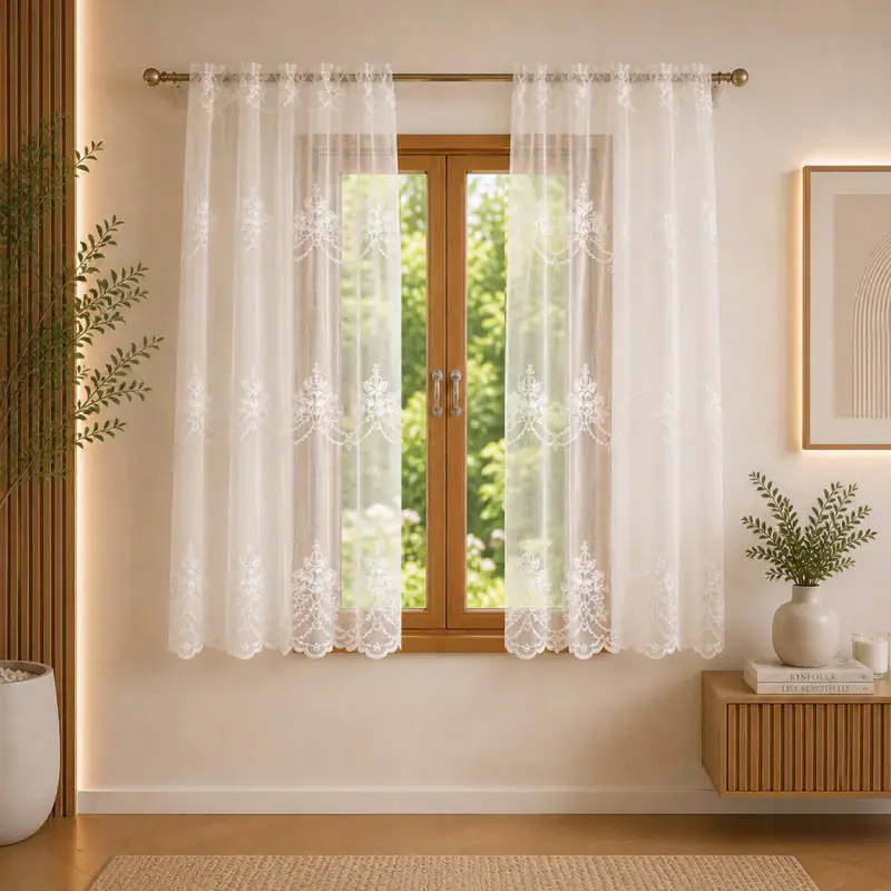 Firana z etaminy zdobiona haftowanym wzorem na taśmie WAVE 70x150cm ALVYNA Wyjątkowa oferta