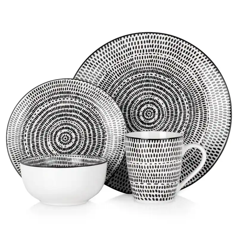 Serwis obiadowy 16 elementów Staccato porcelana zestaw talerzy kubków dla 4 osób talerze czarno-białe Bezpieczne zakupy