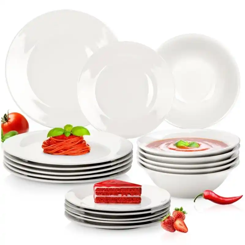 Oferta Serwis obiadowy 18 elementów zestaw talerzy z miskami dla 6 osób w kolorze klasycznej bieli