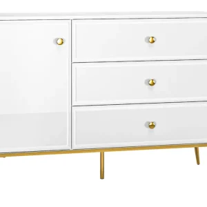 Komoda jednodrzwiowa Darrby 120 cm z trzema szufladami biała/biały połysk ze złotymi nogami Oferta limitowana