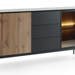 Komoda Tosena dwudrzwiowa z szufladami i oświetleniem LED 154 cm Czarny/Dąb wotan Rabat