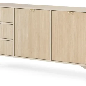 Komoda Favoria dwudrzwiowa z szufladami 158 cm beżowa/jodełka scandi ze złotymi uchwytami Wysoka jakość