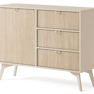 Komoda Favoria jednodrzwiowa z szufladami 106 cm beżowa/jodełka scandi ze złotymi uchwytami Wyprzedaż