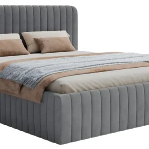 Łóżko tapicerowane 140x200 cm Saliano z pojemnikiem niebieskoszare welur hydrofobowy Oferta limitowana