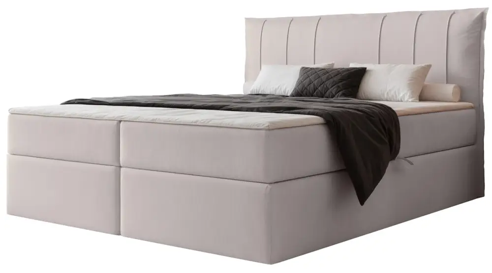Obniżka ceny Łóżko kontynentalne 160x200 cm Moly z materacem bonellowym i topperem szarobeżowe welur hydrofobowy