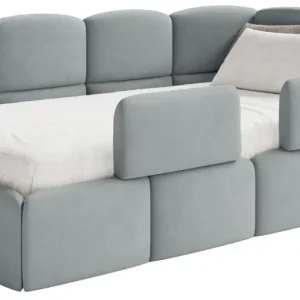 Łóżko młodzieżowe 90x200 cm Cloudy prawostronne z materacem pojemnikiem i barierkami szare welur hydrofobowy łatwoczyszczący Wyjątkowa oferta