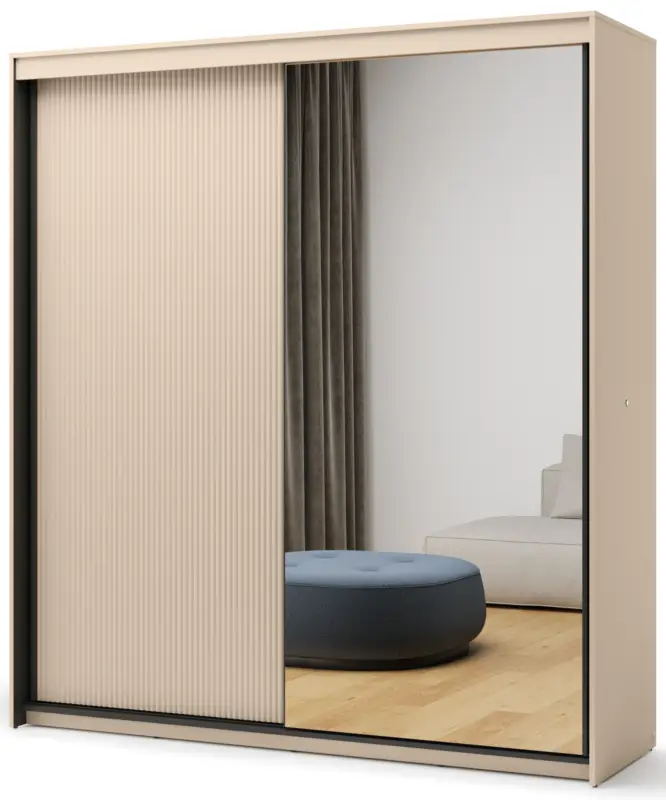 Szafa przesuwna Trend dwudrzwiowa z lustrem i oświetleniem 200 cm ryflowany front beż piaskowy / czarny Oferta limitowana