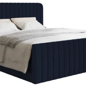 Łóżko kontynentalne 200x200 cm Saliano z pojemnikami i topperem granatowe welur Oferta