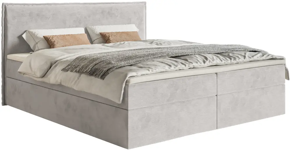 Nowość Łóżko kontynentalne 140x200 cm Softie z pojemnikami i topperem jasnoszare welur hydrofobowy