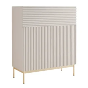 Oferta limitowana Komoda dwudrzwiowa Linearis z uchylnym schowkiem i oświetleniem LED 92 cm kaszmir na złotych nóżkach